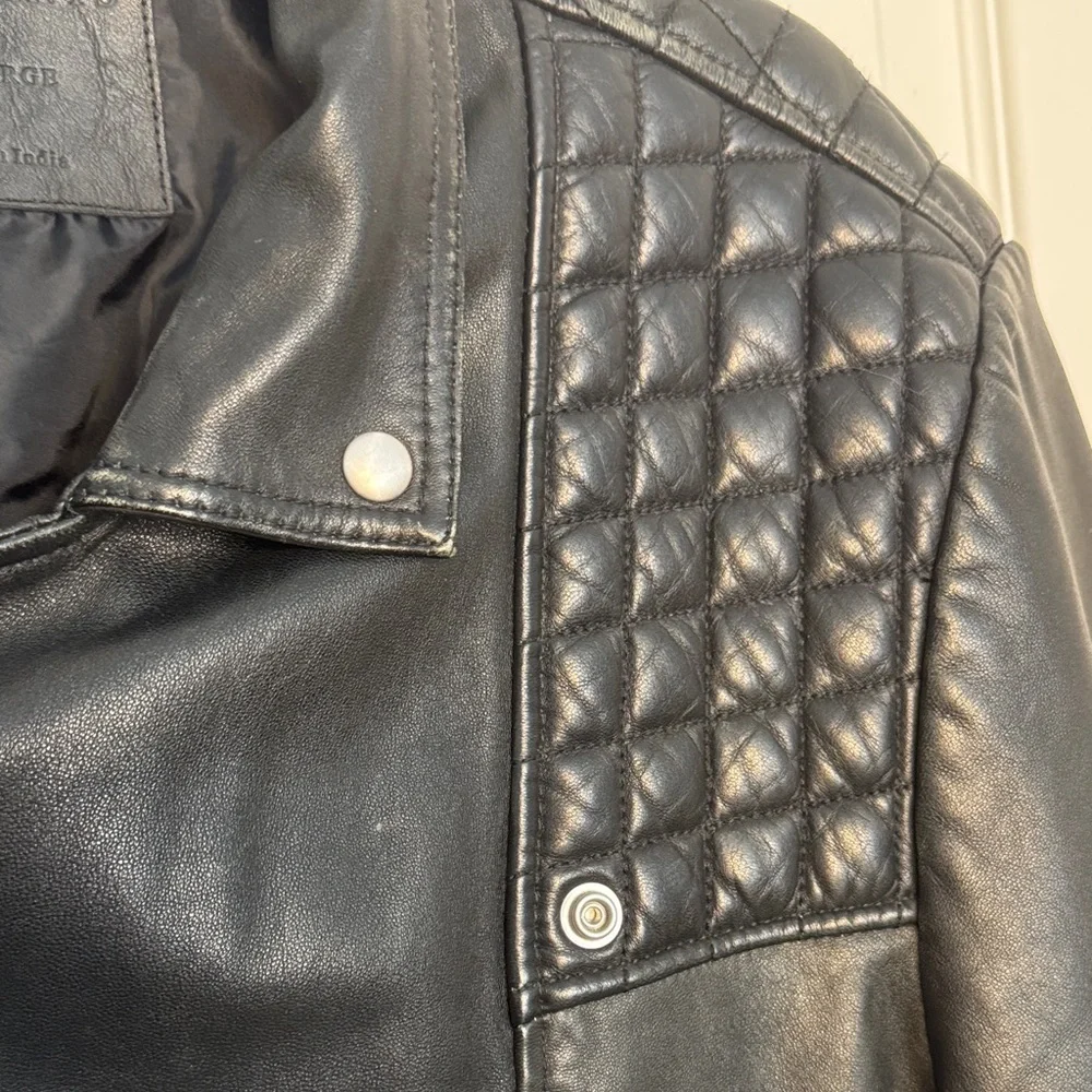 All Saints Mens Black Leather Biker Jacket with Quilted Shoulders